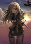  1girl absurdres aircraft armband bangs blurry blush brown_hair clouds crossed_arms dog_tags dress exoskeleton eyebrows_visible_through_hair girls_frontline grey_hair gun h&amp;k_ump hair_between_eyes hair_ribbon hairband head_tilt heckler_&amp;_koch helicopter highres jacket long_hair looking_at_viewer magazine_(weapon) name_tag one_eye_closed one_side_up pantyhose ribbon septet_(zrca_janne) skindentation smile solo star star-shaped_pupils submachine_gun sunrise symbol-shaped_pupils thigh_strap thighs ump40_(girls_frontline) walkie-talkie weapon yellow_eyes 