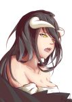  1girl absurdres albedo black_hair black_wings breasts crying demon_girl demon_horns demon_wings dress fangs hair_between_eyes highres horns large_breasts long_hair open_mouth overlord_(maruyama) rock2007 simple_background solo tears white_background white_dress wings yellow_eyes 