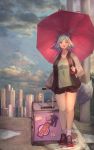  1girl animal_ears blue_hair clouds cloudy_sky fangs highres holding holding_umbrella jacket original plaster_(2501) rolling_suitcase shoes short_hair shorts sky skyline sneakers standing tail umbrella yellow_eyes 