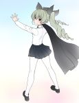  1girl anchovy anzio_school_uniform arms_up bangs black_cape black_footwear black_ribbon black_skirt blue_background cape closed_mouth commentary_request dress_shirt drill_hair eyebrows_visible_through_hair from_behind full_body girls_und_panzer gradient gradient_background green_hair hair_ribbon loafers long_hair long_sleeves looking_at_viewer looking_back miniskirt pantyhose pleated_skirt red_eyes ribbon school_uniform shirt shoes skirt smile solo standing twin_drills twintails wata_do_chinkuru white_background white_legwear white_shirt wind 