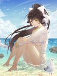  1girl azur_lane bangs bare_legs barefoot beach bird black_hair blue_sky blunt_bangs blush bow breasts casual_one-piece_swimsuit closed_mouth clouds day eyebrows_visible_through_hair floating_hair from_side full_body hair_bow hair_flaps high_ponytail horizon jacket large_breasts leg_hug legs long_hair long_sleeves looking_at_viewer looking_to_the_side mellozzo military military_jacket military_uniform ocean one-piece_swimsuit outdoors ponytail rock sand seagull see-through shiny shiny_hair sidelocks sitting sky smile solo starfish swimsuit swimsuit_under_clothes takao_(azur_lane) uniform very_long_hair wet wet_clothes wet_jacket white_bow white_jacket white_swimsuit yellow_eyes 