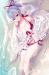  1girl bare_shoulders bikini breasts cleavage fate/grand_order fate_(series) hair_ribbon kousaki_rui large_breasts long_hair looking_at_viewer parted_lips partially_submerged ponytail purple_bikini red_eyes silver_hair sitting smile solo swimsuit tomoe_gozen_(fate/grand_order) water wet 