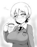  1girl bangs braid breasts closed_mouth cup darjeeling dress_shirt emblem eyebrows_visible_through_hair girls_und_panzer greyscale half-closed_eyes highres holding large_breasts long_sleeves looking_at_viewer monochrome necktie school_uniform shanaharuhi shirt short_hair sleepy smile solo st._gloriana&#039;s_(emblem) st._gloriana&#039;s_school_uniform standing steam sweater teacup tied_hair twin_braids upper_body v-neck wing_collar 