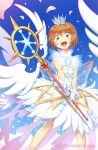  1girl artist_name blue_background card_captor_sakura cherry_blossoms commentary crown dress feet_out_of_frame from_below gloves green_eyes happy kinomoto_sakura looking_at_viewer looking_down magical_girl open_mouth orange_hair pokey smile solo staff standing watermark white_dress white_gloves 