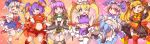  5girls :d :o ;d adapted_costume alternate_hairstyle bent_elbows bent_knees blush branch clenched_hands commentary_request eyebrows_visible_through_hair feet_out_of_frame fun_bo hands_up highres hijiri_byakuren jeweled_branch_of_hourai junko_(touhou) knees_together looking_at_viewer magical_girl multicolored_hair multiple_girls one_eye_closed open_mouth pink_background saigyouji_yuyuko smile standing standing_on_one_leg touhou v v_over_eye vajra_(object) yagokoro_eirin yakumo_yukari yasaka_kanako yellow_eyes 