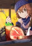  1girl :q arashishi bandanna bangs bare_shoulders blue_bandana breasts brown_eyes brown_hair closed_mouth commentary_request detached_sleeves food fork hair_between_eyes holding holding_fork indoors knife long_sleeves meat medium_breasts original sky smile solo sunset tongue tongue_out v-shaped_eyebrows yellow_sky 