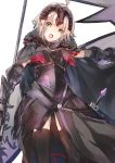  1girl absurdres ahoge armor armored_dress bangs breastplate breasts cape commentary_request eyebrows_visible_through_hair fate/grand_order fate_(series) feet_out_of_frame flag forehead_protector fur_collar gauntlets headpiece highres jeanne_d&#039;arc_(alter)_(fate) jeanne_d&#039;arc_(fate)_(all) looking_at_viewer marova-00 medium_breasts open_mouth outstretched_arm short_hair silver_hair simple_background solo sword weapon white_background yellow_eyes 