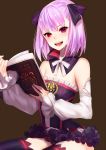  1girl bare_shoulders blush book detached_collar detached_sleeves dress eyebrows_visible_through_hair fate/grand_order fate_(series) hair_ribbon helena_blavatsky_(fate/grand_order) highres holding holding_book looking_at_viewer pink_eyes purple_hair rahato ribbon short_hair sitting solo 