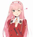  1girl :p bangs blue_eyes blunt_bangs blush darling_in_the_franxx eyebrows_visible_through_hair hairband heart highres horns index_finger_raised long_hair long_sleeves military military_uniform one_eye_closed pink_hair ruuto-kun simple_background smile straight_hair tongue tongue_out uniform upper_body white_hairband yellow_neckwear zero_two_(darling_in_the_franxx) 