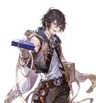  1boy ayer bandage bandage_on_face belt black_hair granblue_fantasy grey_pants hood incoming_gift looking_away male_focus minaba_hideo official_art open_mouth pants shirt sleeveless solo sweatdrop transparent_background upper_body vest white_day white_shirt 