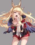  1girl blonde_hair bracer cagliostro_(granblue_fantasy) cape collarbone crown grabbing_another&#039;s_hand granblue_fantasy hairband hand_on_another&#039;s_face hand_on_another&#039;s_mouth highres homo_1121 long_hair looking_at_viewer open_mouth red_skirt saliva skirt spikes thigh-highs tiara tongue tongue_out violet_eyes 