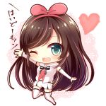  1girl ;d a.i._channel bangs bare_shoulders blush boots brown_hair chibi commentary_request detached_sleeves eyebrows_visible_through_hair full_body green_eyes hair_ribbon hairband heart kizuna_ai long_hair long_sleeves looking_at_viewer multicolored_hair navel one_eye_closed open_mouth outstretched_arms pink_hair pink_hairband pink_ribbon ribbon shirt short_shorts shorts sleeveless sleeveless_shirt sleeves_past_wrists smile solo streaked_hair thigh-highs thigh_boots translation_request twitter_username upper_teeth very_long_hair virtual_youtuber white_background white_footwear white_legwear white_shirt white_shorts yukiyuki_441 