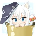  1girl anchor_symbol animal_ears bell black_hat blue_eyes blush bow cat_ears cat_girl cat_tail check_commentary commentary_request covered_mouth flat_cap hat hibiki_(kantai_collection) in_container in_pot jingle_bell kantai_collection kemonomimi_mode long_hair looking_at_viewer minigirl rateratte red_bow silver_hair solo tail tail_bell tail_bow 