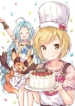  2girls :d :q ^_^ ahoge apron arms_up bangs beige_apron blonde_hair blue_bow blue_hair blush bow braid brown_eyes cake chef_hat closed_eyes closed_mouth collarbone confetti djeeta_(granblue_fantasy) dragon eyebrows_visible_through_hair food fruit granblue_fantasy hair_ornament hairclip hat holding holding_plate long_hair looking_at_viewer low_twintails lyria_(granblue_fantasy) multiple_girls open_mouth outstretched_arms parted_bangs pink_shirt plate pleated_skirt puffy_short_sleeves puffy_sleeves shirt short_hair short_sleeves simple_background skirt smile strawberry tongue tongue_out toque_blanche twin_braids twintails upper_teeth vee_(granblue_fantasy) very_long_hair wataame27 white_apron white_background white_hat white_skirt 