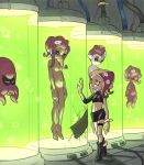  1boy 3girls agent_8 asymmetrical_clothes black_footwear black_skirt boots closed_eyes floating multiple_girls navel nude pink_hair pointy_ears single_sleeve skirt splatoon splatoon_2 splatoon_2:_octo_expansion stasis_tank stomach takozonesu tank_(container) tentacle tentacle_hair thigh_strap wristband yamarisu_(ymrs) yellow_eyes 