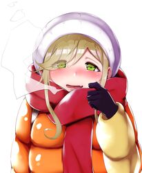  1girl :d bag bangs beanie black_gloves blush eyebrows_visible_through_hair eyes_visible_through_hair fang gloves green_eyes half-closed_eyes hat highres inuyama_aoi jacket long_sleeves looking_at_viewer open_mouth red_scarf rocha_(aloha_ro_cha) scarf shiny shiny_hair side_ponytail simple_background smile solo swept_bangs thick_eyebrows upper_body white_background winter_clothes yurucamp 