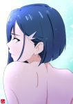  1girl absurdres back bare_back blue_hair chris_re5 closed_mouth darling_in_the_franxx from_behind green_eyes hair_ornament hairclip highres ichigo_(darling_in_the_franxx) looking_at_viewer looking_back short_hair solo upper_body 