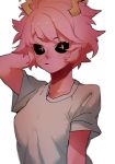  1girl arm_up artist_request ashido_mina black_eyes boku_no_hero_academia casual closed_mouth eyebrows_visible_through_hair horns looking_to_the_side pink_hair pink_skin short_hair simple_background solo source_request upper_body white_background 