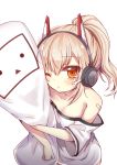 1girl ayanami_(azur_lane) azur_lane bandaid_on_arm bangs bare_shoulders blush brown_eyes comic commentary_request eyebrows_visible_through_hair facial_mark hair_between_eyes headgear headphones high_ponytail highres light_brown_hair long_hair looking_at_viewer niconico off-shoulder_shirt one_side_up pillow pillow_hug ponytail shirt short_hair simple_background solo terebi-chan white_background white_shirt wide_sleeves yukiyuki_441 