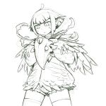  1girl :&lt; ahoge ars_goetia carapace claws commentary_request fantasy feathers fewer_digits holding holding_mask hood hoodie kamukamu6392 large_hands mask monster_girl original short_hair shorts sketch sweatdrop zipper 