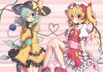  2girls beni_kurage black_footwear blonde_hair blush bow commentary_request eyebrows_visible_through_hair finger_to_mouth flandre_scarlet frills green_eyes green_hair green_sash hair_bow hat hat_bow heart heart_of_string highres komeiji_koishi long_sleeves looking_at_viewer mary_janes mob_cap multiple_girls one_eye_closed petticoat pink_background pink_sash puffy_short_sleeves puffy_sleeves red_bow red_eyes red_footwear sailor_collar shirt shoes short_hair short_sleeves side_ponytail sitting socks third_eye touhou white_legwear wide_sleeves wings wrist_cuffs yellow_bow yellow_neckwear yellow_shirt 