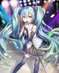  1girl aqua_eyes aqua_hair detached_sleeves hatsune_miku long_hair microphone microphone_stand music necktie open_mouth roang singing skirt solo thigh-highs twintails very_long_hair vocaloid 