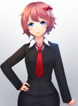  1girl bangs blue_eyes blush bow business_suit closed_mouth collared_shirt doki_doki_literature_club eyebrows_visible_through_hair formal gradient gradient_background hair_bow highres long_sleeves looking_at_viewer necktie pink_hair red_neckwear ribbon sayori_(doki_doki_literature_club) shirt short_hair simple_background smile solo suit tsukimaru white white_background 