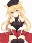  1girl animal_ears bangs bare_shoulders between_legs black_hat black_legwear black_sweater blonde_hair blue_eyes blush breasts cat_ears closed_mouth commentary_request eyebrows_visible_through_hair fur-trimmed_jacket fur_trim hand_between_legs hat highres jacket long_hair looking_at_viewer medium_breasts nibiiro_shizuka off_shoulder open_clothes open_jacket original red_jacket ribbed_legwear ribbed_sweater shoulder_cutout simple_background sitting smile solo sweater thigh-highs turtleneck turtleneck_sweater white_background 