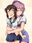  2girls aoba_(kantai_collection) black_hair blue_eyes fubuki_(kantai_collection) green_eyes hug kakiha_makoto kantai_collection low_ponytail messy_hair multiple_girls pink_hair pleated_skirt ponytail school_uniform scrunchie serafuku short_ponytail short_sleeves shorts sidelocks skirt standing waist_hug wavy_mouth yuri 