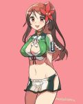  1girl amagi_(kantai_collection) arms_behind_back artist_name breasts brown_eyes brown_hair cleavage cleavage_cutout flower hair_flower hair_ornament high_ponytail kantai_collection large_breasts leaf leaf_hair_ornament long_hair looking_at_viewer maple_leaf midriff miniskirt mogamiya_honu mole mole_under_eye open_mouth pink_background ponytail simple_background skirt smile solo white_skirt wide_ponytail 