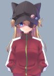 1girl animal_hat badge blackheartxiii blue_eyes blush brown_hair button_badge cat_hat expressionless eyepatch grey_background hair_between_eyes hands_in_pocket hat highres jacket lips long_sleeves looking_at_viewer neon_genesis_evangelion one_eye_covered red_jacket simple_background solo souryuu_asuka_langley straight_hair track_jacket turtleneck two_side_up upper_body 