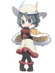  1girl :d adapted_costume belt black_footwear black_gloves black_legwear blue_eyes blue_hair boots capelet chibi full_body fur-trimmed_boots fur-trimmed_capelet fur-trimmed_shorts fur_collar fur_trim gloves hat hat_feather highres kaban_(kemono_friends) kemono_friends open_mouth pantyhose pantyhose_under_shorts pigeon-toed print_capelet red_shirt serval_print shirt short_hair short_shorts shorts simple_background smile solo white_background white_hat yutsu 