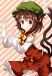  1girl animal_ears brown_hair cat_ears cat_tail chen diagonal-striped_background diagonal_stripes fang fang_out hat highres jewelry looking_at_viewer mob_cap multiple_tails paw_pose red_eyes red_shirt red_skirt ruu_(tksymkw) shirt short_hair single_earring skirt skirt_set smile solo tail touhou two_tails 
