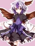  1girl bow feathered_wings frilled_skirt frills head_wings highres horns looking_at_viewer multicolored_hair outline pink_background puffy_sleeves purple_hair red_eyes ruu_(tksymkw) short_hair silver_hair simple_background skirt smile solo tokiko_(touhou) touhou white_outline wide_sleeves wings 