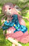 1girl ;o blue_shirt blush bow checkered_shirt commentary_request day fox_mask hair_between_eyes hata_no_kokoro highres long_hair looking_at_viewer lying mask on_grass on_side one_eye_closed outdoors pink_hair pink_skirt shade shirt skirt sleepy solo touhou tree_shade very_long_hair 