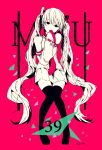  1girl 3kuma black_eyes detached_sleeves digits facing_viewer hatsune_miku long_hair looking_at_viewer necktie open_mouth pink_background skirt solo thigh-highs twintails very_long_hair vocaloid 