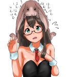  1girl animal black_hair blush breasts bunnysuit cuffs dress glasses green_eyes hair_between_eyes highres kantai_collection long_hair looking_at_viewer medium_breasts necktie ooyodo_(kantai_collection) rabbit short_dress simple_background solo tama_(seiga46239239) white_background 