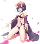  1girl bare_shoulders bob_cut breasts detached_sleeves fate/grand_order fate_(series) highres horns kneeling medium_breasts navel oni oni_horns open_mouth petals purple_hair short_hair shuten_douji_(fate/grand_order) simple_background smile solo sugar_(dndi888) white_background wide_sleeves 
