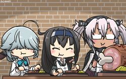  3girls :&gt; ^_^ ahoge apron bib black_gloves black_hair black_ribbon blazer boned_meat braid brick_wall capelet closed_eyes commentary dark_skin dated eating food fork glasses gloves grey_hair hair_over_eyes hair_ribbon hamanami_(kantai_collection) hamu_koutarou hatsushimo_(kantai_collection) headband headgear highres holding holding_fork jacket kantai_collection long_hair long_sleeves low-tied_long_hair meat multiple_girls musashi_(kantai_collection) pointy_hair remodel_(kantai_collection) ribbon saliva school_uniform shirt short_hair_with_long_locks silver_hair single_braid smile twintails two_side_up white_apron white_hair white_shirt 