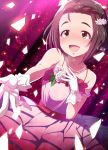  1girl :d bare_shoulders blush braid breath brown_hair dress flower gloves hair_flower hair_ornament hand_on_own_chest happy_tears idolmaster idolmaster_cinderella_girls jewelry natsumi_akira necklace open_mouth outstretched_arm pearl_necklace short_hair smile solo sparkle tears white_gloves yanase_miyuki yellow_eyes 