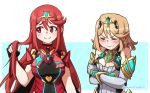  2girls alternate_hair_length alternate_hairstyle armor artist_request blonde_hair blush breasts cleavage dress gloves mythra_(xenoblade) pyra_(xenoblade) jewelry large_breasts long_hair multiple_girls redhead short_hair simple_background smile white_background xenoblade xenoblade_2 yellow_eyes 