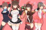  4girls absurdres akabeco benikurage black_hair black_legwear blush bow breasts brown_eyes brown_hair cleavage closed_mouth cookie_(touhou) eyebrows_visible_through_hair hair_bow hair_tubes hakurei_reimu highres kanna_(cookie) large_breasts looking_at_viewer multiple_girls open_mouth pink_bow plump red_bow red_eyes reu sananana school_swimsuit short_hair smile swimsuit thigh-highs touhou white_legwear 