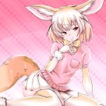  1girl akegata_tobari animal_ears blonde_hair bow bowtie brown_eyes closed_mouth commentary fennec_(kemono_friends) fox_ears fox_tail fur_trim kemono_friends miniskirt pink_background pink_shirt pleated_skirt shirt shirt_pocket short_hair short_sleeves skirt smile solo tail thigh-highs thighs white_skirt yellow_legwear yellow_neckwear 