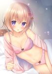  1girl :p blonde_hair blush bra breasts cleavage commentary_request gochuumon_wa_usagi_desu_ka? hair_ornament hairclip hoto_cocoa looking_at_viewer medium_breasts navel panties pink_bra pink_panties shibainu_niki short_hair solo tongue tongue_out underwear violet_eyes 