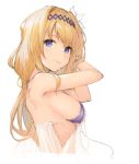  1girl absurdres armpits arms_up bangs bikini bikini_top breasts eyebrows_visible_through_hair flower from_side granblue_fantasy hair_flower hair_ornament hairdressing headpiece highres jeanne_d&#039;arc_(granblue_fantasy) koretsuki_azuma lips long_hair looking_at_viewer looking_to_the_side medium_breasts mouth_hold purple_bikini see-through shiny shiny_hair sideboob simple_background solo swimsuit upper_body white_background white_flower 