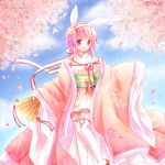  1girl animal_ears blue_sky blush cherry_blossoms clouds commentary_request day fan fire_emblem fire_emblem_if flower folding_fan garter_straps hair_flower hair_ornament hairband holding holding_fan japanese_clothes kimono long_sleeves looking_away looking_to_the_side obi open_mouth outdoors pink_flower pink_hair pink_kimono rabbit_ears red_footwear sakura_(fire_emblem_if) sandals sasaki_fumi sash short_kimono sky sleeves_past_fingers sleeves_past_wrists solo standing standing_on_one_leg thigh-highs violet_eyes white_hairband white_legwear wide_sleeves yellow_flower 