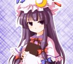  1girl :/ bangs blush book capelet commentary_request crescent dress eyebrows_visible_through_hair hair_between_eyes hair_ribbon hat kinagi_yuu long_hair looking_at_viewer patchouli_knowledge purple_hair ribbon simple_background solo touhou violet_eyes 