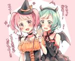  2girls :d aqua_hair bang_dream! bangs bat_wings black_choker black_gloves blush bow braid candy choker corset dress fang fingerless_gloves food frilled_gloves frilled_sleeves frills gloves green_eyes hair_ribbon halloween halloween_costume handband hat hat_bow hikawa_hina holding_lollipop horns lollipop looking_at_viewer maruyama_aya multiple_girls open_mouth pink_eyes pink_hair ribbon short_hair short_sleeves smile sweatdrop translation_request twin_braids twintails v-shaped_eyebrows wings witch_hat yae_(eky_567) 