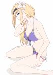  1girl bare_shoulders barefoot bikini blonde_hair blue_eyes breasts cleavage collarbone commentary_request flower from_side front-tie_bikini front-tie_top granblue_fantasy hair_flower hair_ornament hair_over_shoulder hairband jeanne_d&#039;arc_(granblue_fantasy) long_hair looking_at_viewer navel profile purple_bikini side-tie_bikini simple_background sitting sohin solo strap_gap string_bikini swimsuit wariza white_background 