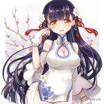  1girl azur_lane black_hair blush breasts china_dress chinese_clothes cleavage dress fingerless_gloves flower gloves hair_flower hair_ornament kawanobe long_hair open_mouth out-of-frame_censoring plum plum_blossoms solo tree_branch twitter_username yat_sen_(azur_lane) yellow_eyes 